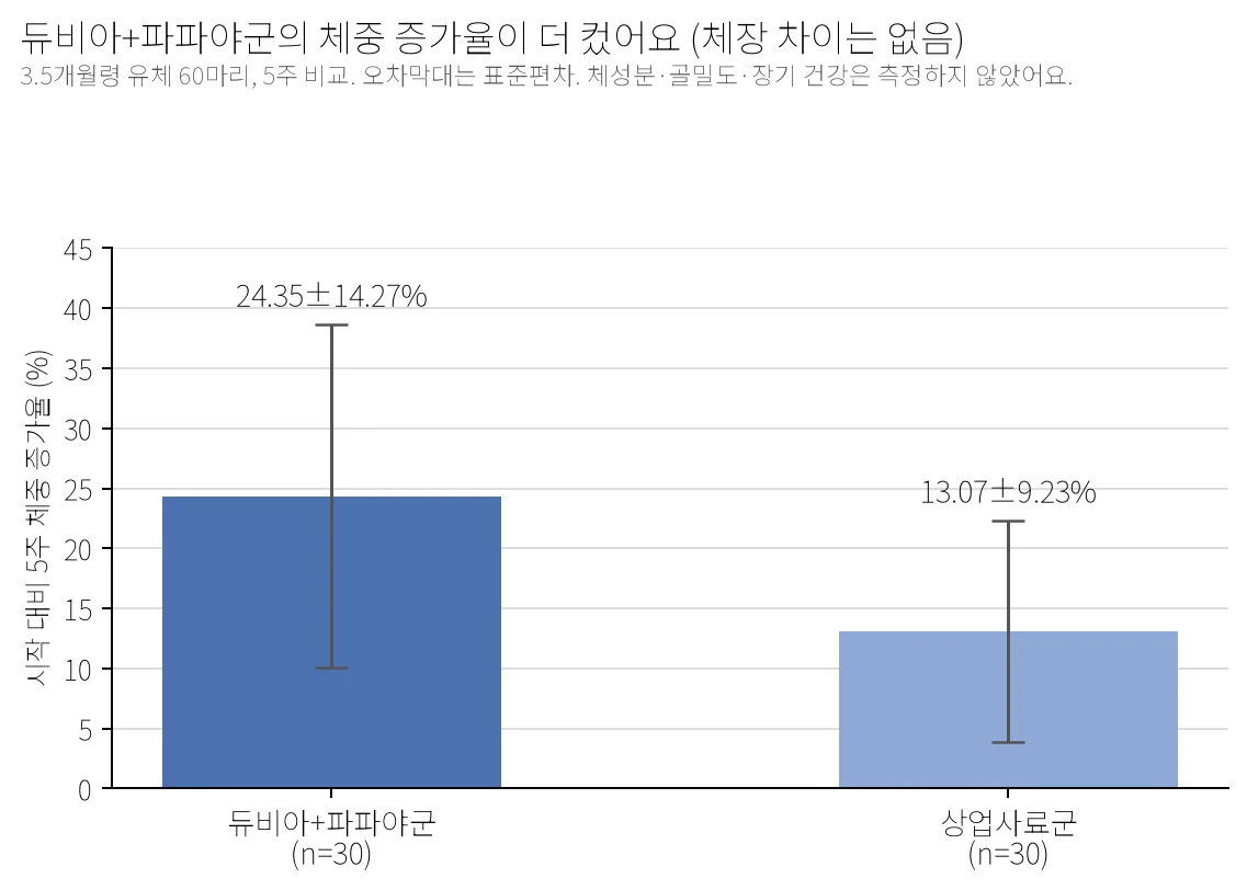 듀비아+파파야군과 상업사료군의 5주 체중 증가율을 비교한 막대그래프. 듀비아+파파야군은 24.35±14.27%, 상업사료군은 13.07±9.23% 증가했으며 오차막대는 표준편차를 나타낸다