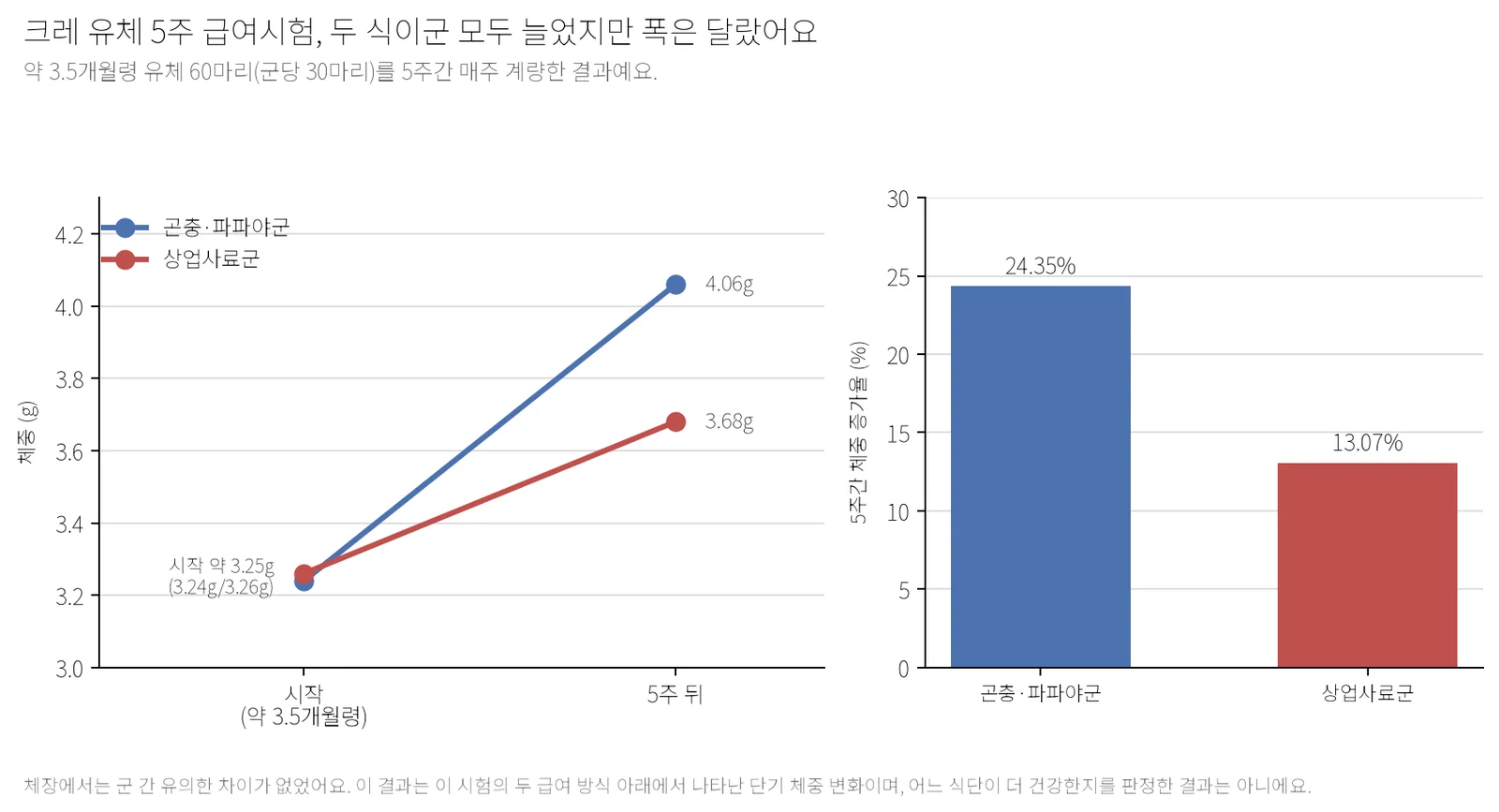두 식이군의 5주 급여시험 체중 변화를 보여주는 두 개의 그래프. 왼쪽은 시작 시점 약 3.25g에서 5주 뒤 곤충·파파야군 4.06g, 상업사료군 3.68g으로 늘어난 꺾은선 그래프이고, 오른쪽은 같은 기간 체중 증가율이 곤충·파파야군 24.35%, 상업사료군 13.07%였음을 보여주는 막대그래프